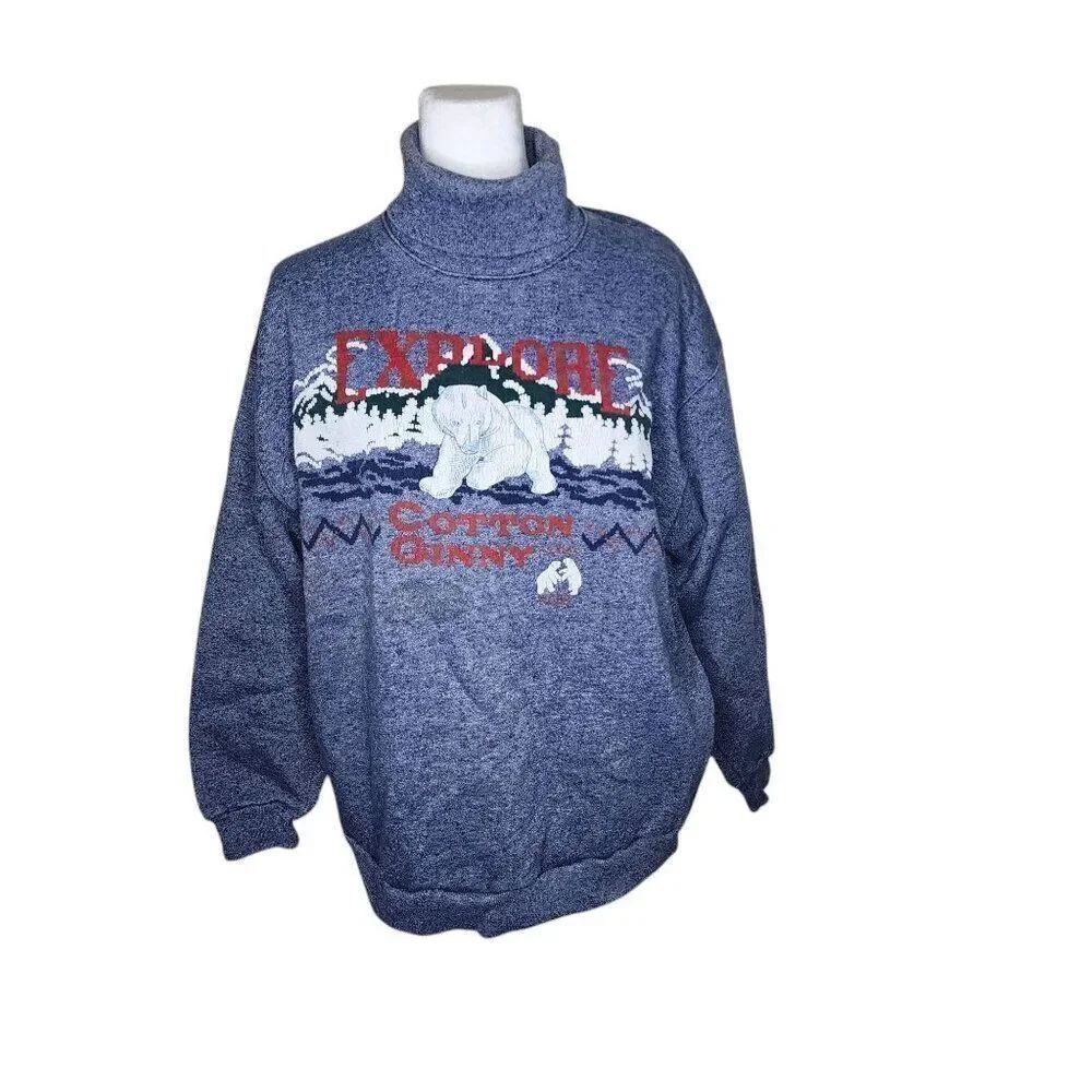Vintage Cotton Ginny 80s Polar Bear Turtleneck Sweatshirt Womens Size L Blue